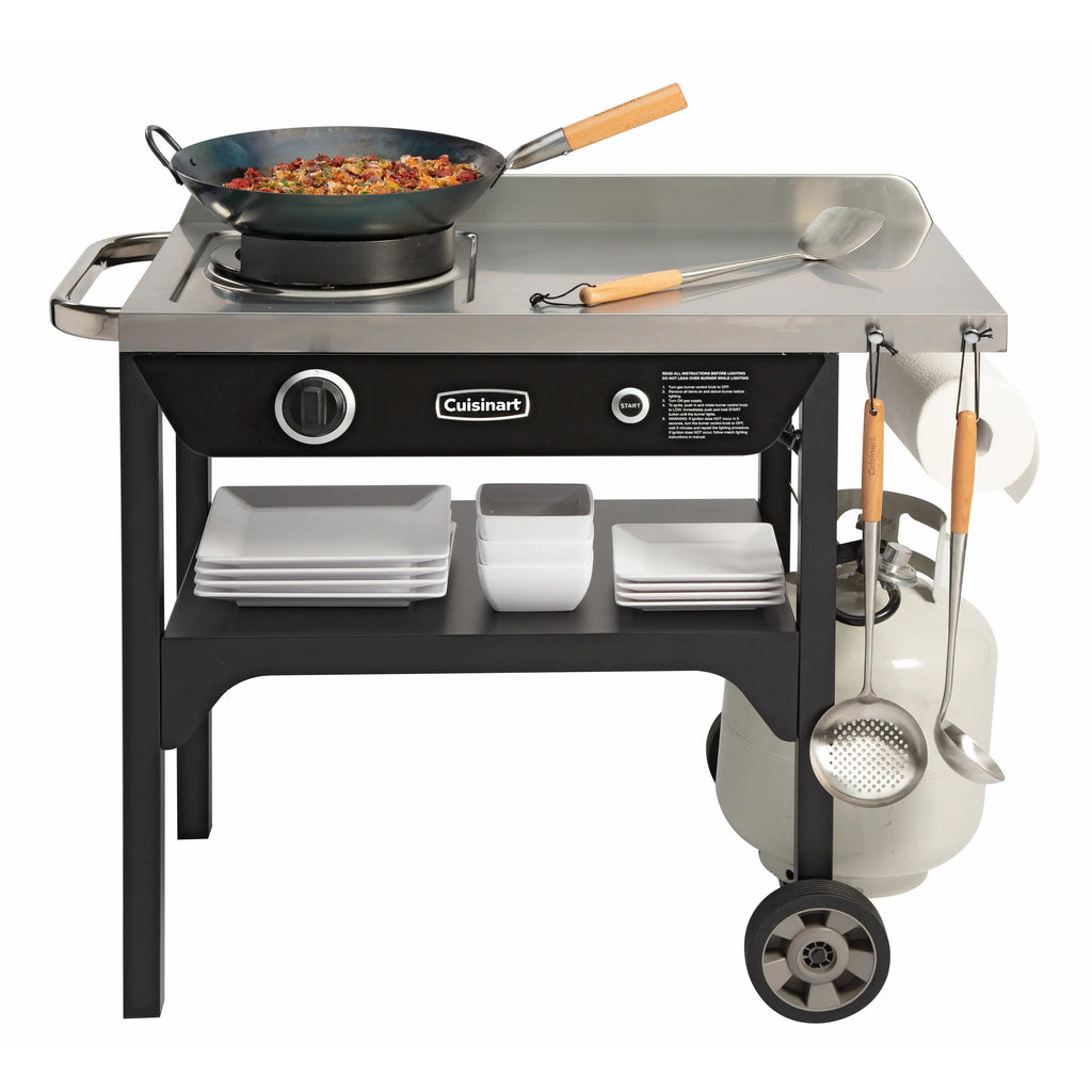 Cuisinart Outdoor Wok Station, 50,000 BTU Propane Outdoor Wok Burner w Prep Table, 14���ワ拷���ゆ�� Carbon Steel Wok for Stir Fry, Searing, BBQ ���ゆ�� Black