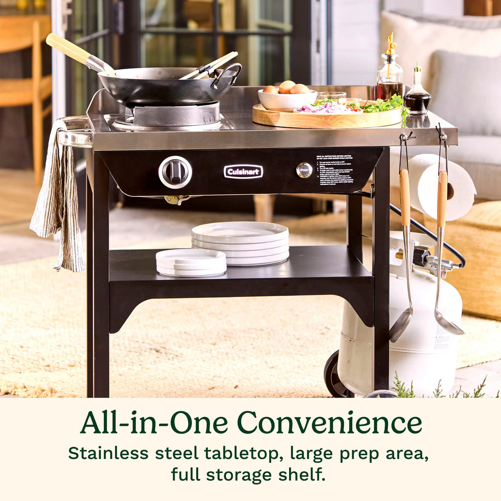 Cuisinart Outdoor Wok Station, 50,000 BTU Propane Outdoor Wok Burner w Prep Table, 14���ワ拷���ゆ�� Carbon Steel Wok for Stir Fry, Searing, BBQ ���ゆ�� Black