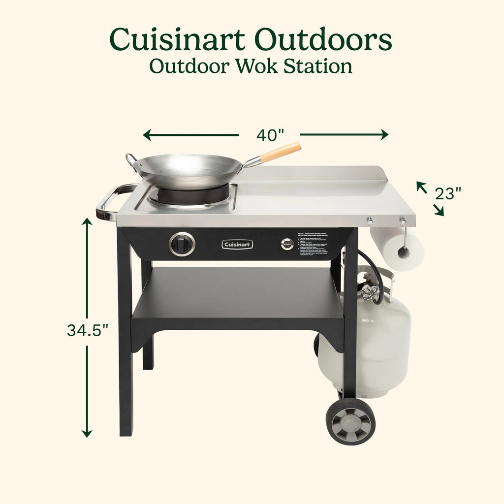 Cuisinart Outdoor Wok Station, 50,000 BTU Propane Outdoor Wok Burner w Prep Table, 14���ワ拷���ゆ�� Carbon Steel Wok for Stir Fry, Searing, BBQ ���ゆ�� Black