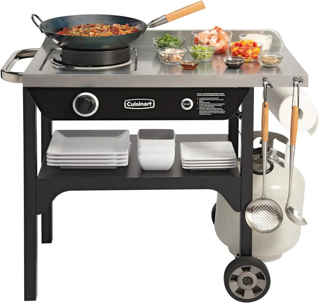 Cuisinart Outdoor Wok Station, 50,000 BTU Propane Outdoor Wok Burner w Prep Table, 14���ワ拷���ゆ�� Carbon Steel Wok for Stir Fry, Searing, BBQ ���ゆ�� Black